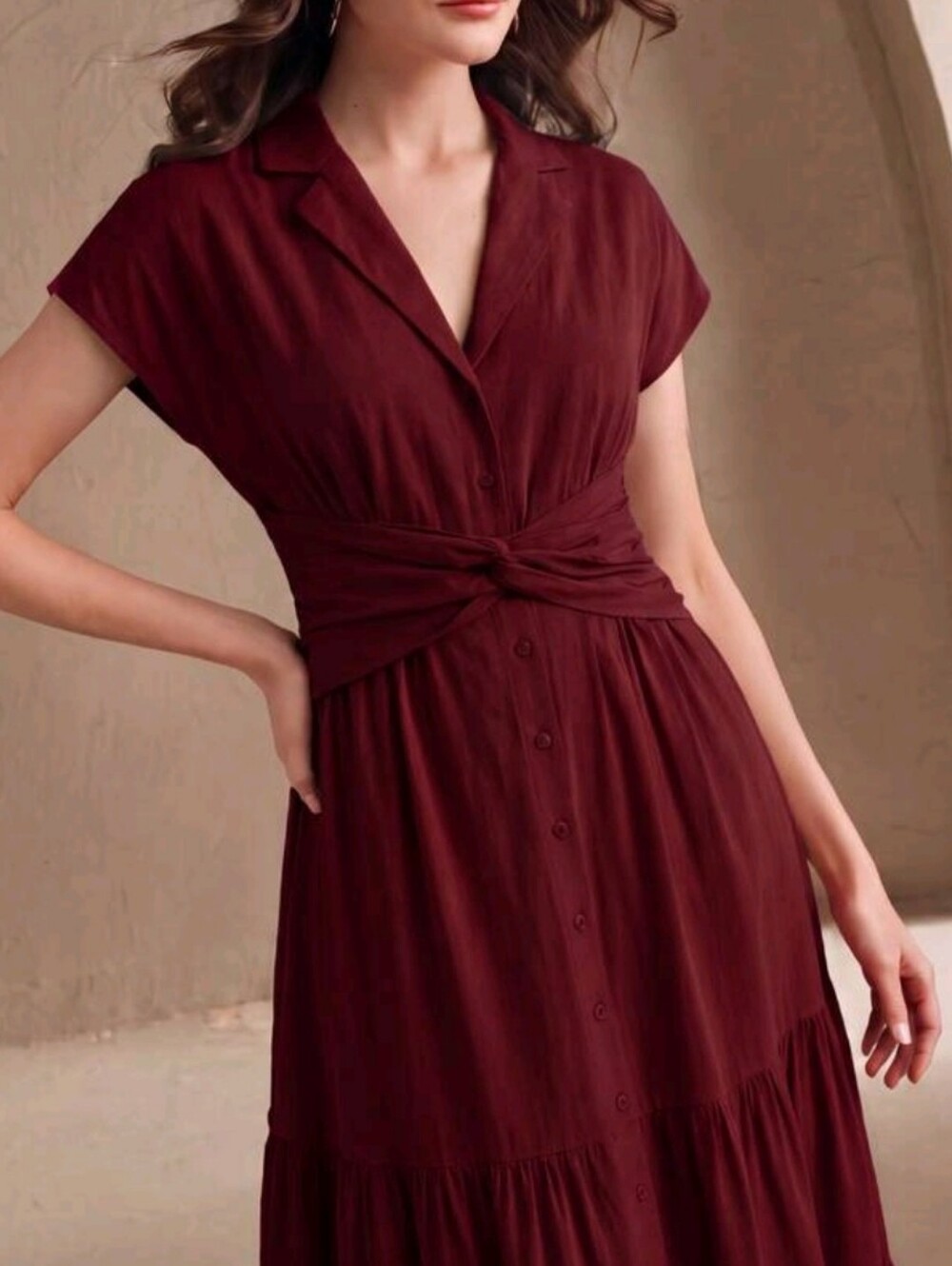 New Luxe Linen Blend Maxi Dress Short Sleeve Twist Waist Button Down Red